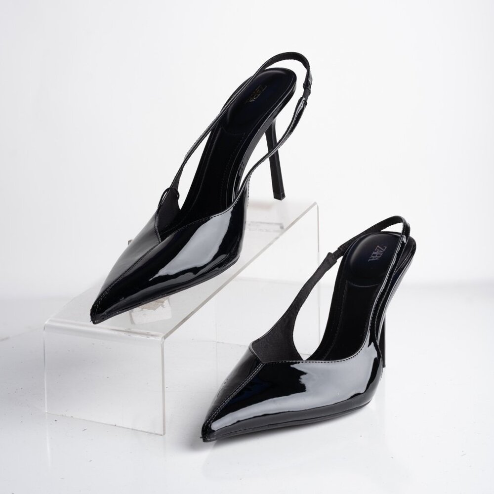 Zara Womens Glossy D'Orsay Slingback Heels Pumps Black US 9 EU 40 New 2205/510